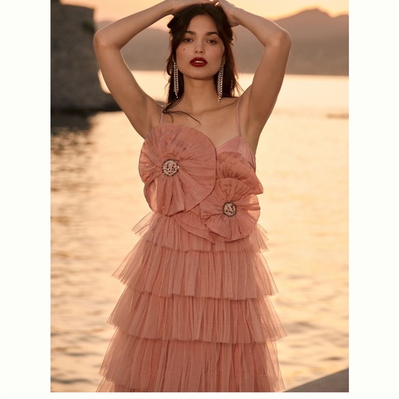 kavita bhartia deep-v sheer tiered tulle dress Anthropologie | Dresses | Kavita Bhartia Rosette Tiered Tulle Gown